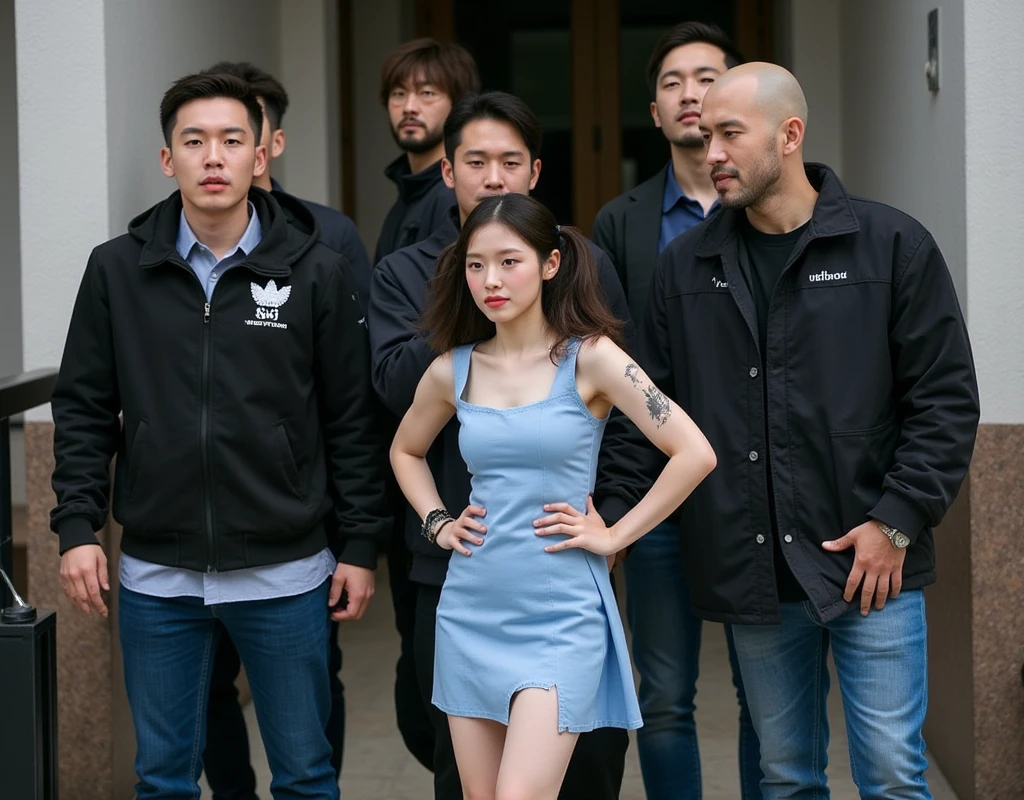 (NSFW), dynamic,
realistic, Press photo, Documentary Technique, Very clear image,HDR,
(full body visible:1.5), 

1girl, 3guy,

A Korean beauty idol is captured by a korean gang and surrounded by men who look like they're ruthless,
The girls are smaller than the guys, and didn't even reach the men's shoulders,
the girl is teen,
The girl's skin is translucently white,
the girl's hair is pur black twintails,
her name is Arin,

A man with a shaved head, a muscular man, a man wearing a thick necklace of bacteria,
a man has tattoo,
Men have horrible looks,
Men despise girls,
Men are criminals,
Men are crazy,
Men are sadists,
The men threatened the girl with knives and guns,

Rough men,
the men are treating the girl roughly,
The girl's costume is a light blue mini dress,
The girl's dress is sleeveless,
the girl's dress is torn litle,
the girl is terribly frightened,
The girl's eyes are wide with fear,
The girl is frightened, cowering,
the girl trembling looking up at the men,
The girl is treated like a slave,
The girl was subjected to violence,
the men assaulted her,
The girl was hurt by the men,
Girls are men's toys,
Men gang-rape girls,
The girl was so scared that she peed herself,

gang office,