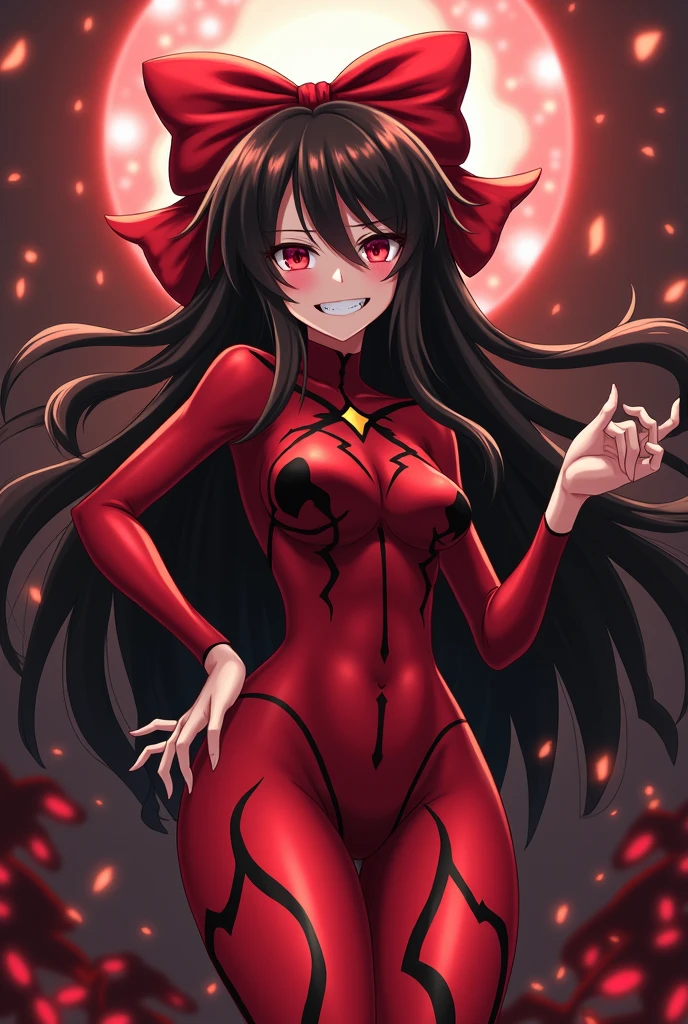 Beautiful black Kitsune, red eyes, highly detailed face, highly detailed eyes, big breasts, sexy figure, mature woman, several black kitsune tails, soft long Black Kitsune ears, You rule a lake, a huge redblood moon in the sky reflecting in the water, The forest would be burning full of charred corpses,With a terrifying look smiling, the eyes would glow red,Very detailed face and eyes, Wearing Red and black Race Suit