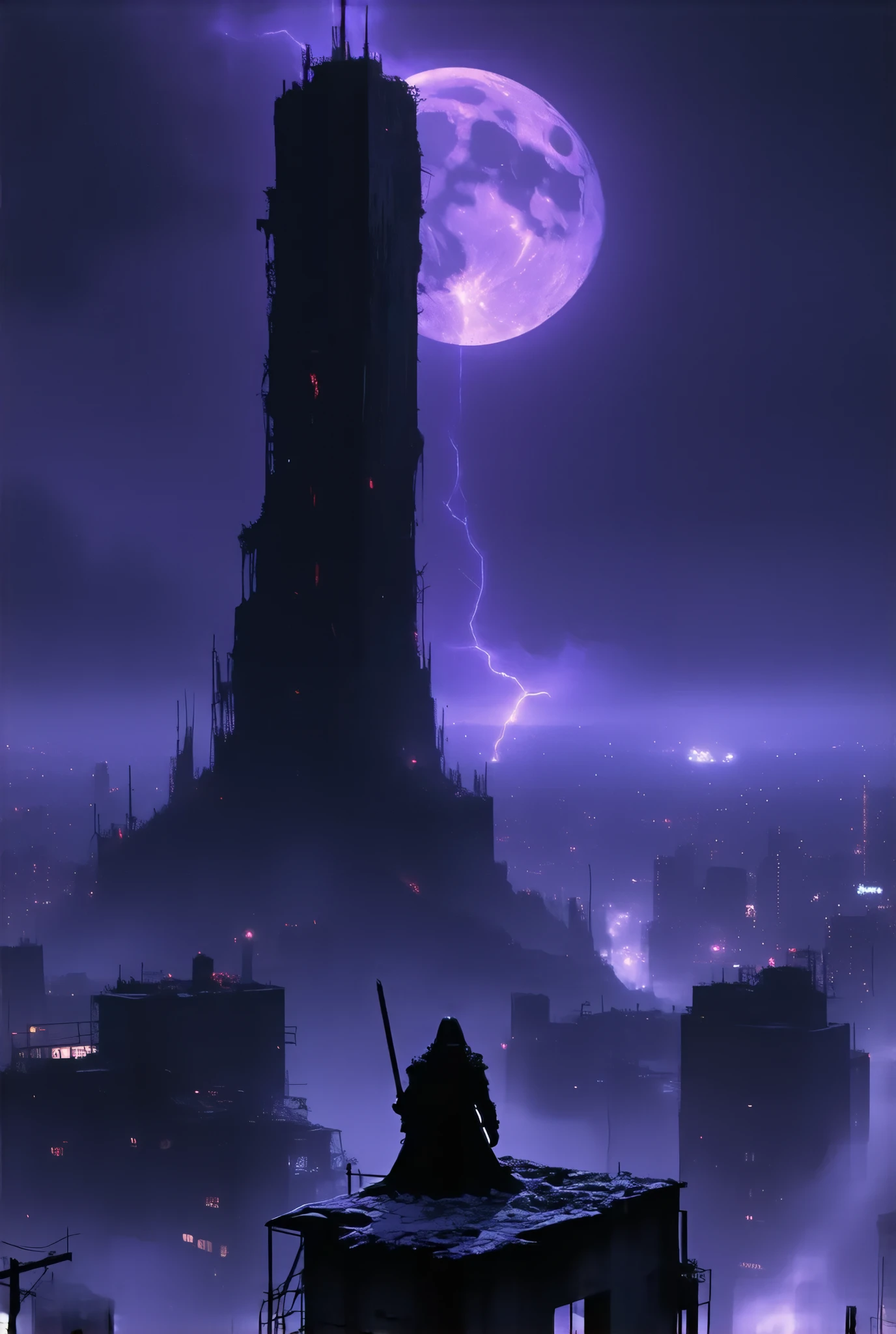 (8k, top quality, Masterpiece , Final Fantasy Style: 1.2),Atmospheric perspective, 8K, Very detailed, 
A gigantic tower of darkness has descended on Tokyo, dominated by pitch-black darkness, a gigantic tower of darkness shrouded in a frightening purple mist and emitting a suspicious red light, Tokyo dominated by darkness, a devastated and desolate place buried in snow. The streets of Tokyo, collapsed buildings, the crimson moon floating in the dark night, silence, fear, deep darkness, unnaturally distorted images, Rear view of Reaper sitting on the roof of a destroyed building with Death Scythe on his back