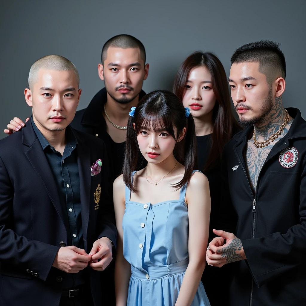 (NSFW), dynamic,
realistic, Press photo, Documentary Technique, Very clear image,HDR,
(full body visible:1.5), 

1girl, 3guy,

A Korean beauty idol is captured by a korean gang and surrounded by men who look like they're ruthless,
The girls are smaller than the guys, and didn't even reach the men's shoulders,
the girl ,
The girl's skin is translucently white,
the girl's hair is pur black twintails,
her name is Arin,

A man with a shaved head, a muscular man, a man wearing a thick necklace of bacteria,
a man has tattoo,
Men have horrible looks,
Men despise girls,
Men are criminals,
Men are crazy,
Men are sadists,
The men threatened the girl with knives and guns,

Rough men,
the men are treating the girl roughly,
The girl's costume is a light blue mini dress,
The girl's dress is sleeveless,
the girl's dress is torn litle,
the girl is terribly frightened,
The girl's eyes are wide with fear,
The girl is frightened, cowering,
the girl trembling looking up at the men,
The girl is treated like a slave,
The girl was subjected to violence,
the men assaulted her,
The girl was hurt by the men,
Girls are men's toys,
Men gang-rape girls,
The girl was so scared that she peed herself,

gang office,