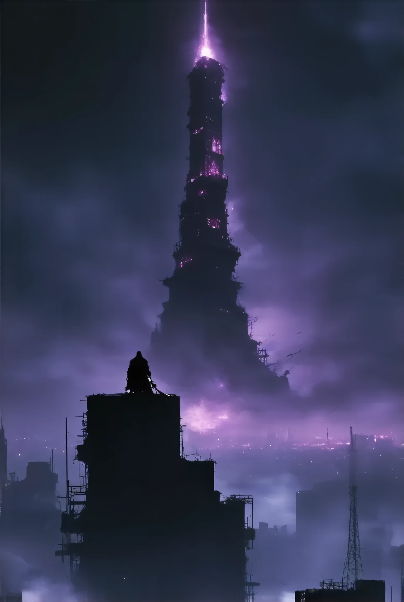 (8k, top quality, Masterpiece , Final Fantasy Style: 1.2),Atmospheric perspective, 8K, Very detailed, 
A gigantic tower of darkness has descended on Tokyo, dominated by pitch-black darkness, a gigantic tower of darkness shrouded in a frightening purple mist and emitting a suspicious red light, Tokyo dominated by darkness, a devastated and desolate place buried in snow. The streets of Tokyo, collapsed buildings, the crimson moon floating in the dark night, silence, fear, deep darkness, unnaturally distorted images, Rear view of Reaper sitting on the roof of a destroyed building with Death Scythe on his back