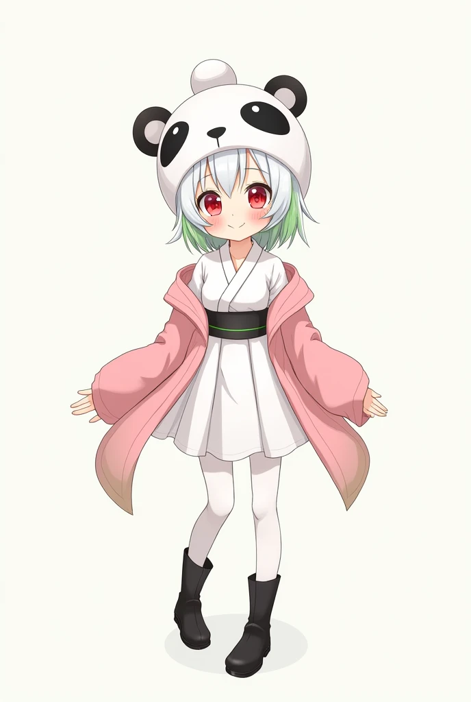 anime girl image, adolescent, short hair , white hair and green tips of hair,ruby eyes, with white skirt and tights and black boots , white shirt with her pink haori , and panda hat ,Demons Slayer, smiling