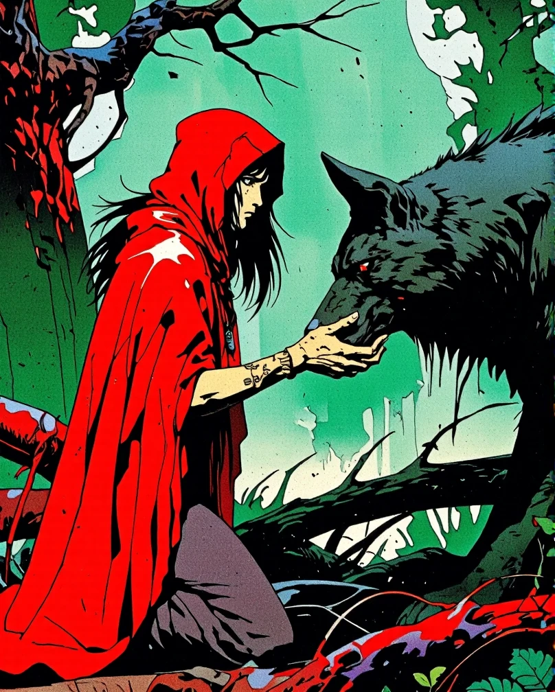 Art style by H. R. Giger, Art Style by Moebius, 


A young girl with long, raven hair, draped in a crimson hooded cloak, kneeling on the damp earth of a grimdark forest. Her red attire stands starkly against the deep, saturated greens and blacks of the foliage that surround her, creating an eerie yet captivating contrast. Her eyes, piercing and otherworldly, are a luminescent shade of blue that seem to glow under the soft, cinematic light that filters through the dense canopy above. In the background, the forest stretches into the abyss of night, with distant silhouettes of twisted trees and misty veils hinting at the vastness of the sinister world she inhabits. The girl's hands, adorned with intricate tattoos that whisper of dark magic, are outstretched towards a monstrous wolf, its fur mottled with shades of grey and black. The creature, though menacing in appearance, regards her with a tense curiosity, as if recognizing a kindred spirit. The scene is rendered in hyperdetailed 8k HDR, with each leaf and fur strand visible, and the high quality of the image allows for the subtlety of the atmospheric perspective to shine through. The soft light casts dramatic shadows that dance across the wolf's features and the girl's cloak, enveloping them in a shroud of mystery. The air is thick with the anticipation of a tale untold, the details so vivid that one can almost feel the damp chill and hear the distant cries of owls echoing through the trees. Her red cloak, a stark beacon in the gloom, suggests a fusion of innocence and the sinister arts, setting the stage for a creepy tale filled with dark enchantments and the unspoken bond between predator and prey.