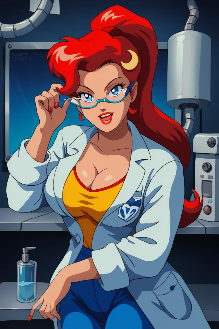 PonyXLV6_Scores BREAK (1980s (style), retro artstyle, perfect anatomy, perfect eyes, cowboy shot), BREAK 1girl, Mary Test, Red hair, long hair, high ponytail , blue eyes,  sexy glasses, large breasts, cleavage, curvy, blue pants , yellow t-shirt,  crescent hair ornament, lab coat , long sleeves, ((looking at viewer)), laboratory