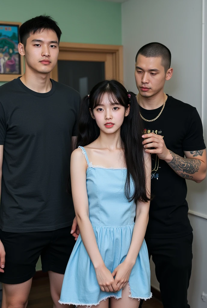 (NSFW), dynamic,
realistic, Press photo, Documentary Technique, Very clear image,HDR,
(full body visible:1.5), 

1girl, 3guy,

A Korean beauty idol is captured by a korean gang and surrounded by men who look like they're ruthless,
The girls are smaller than the guys, and didn't even reach the men's shoulders,
the girl is teen,
The girl's skin is translucently white,
the girl's hair is pur black twintails,
her name is Arin,

A man with a shaved head, a muscular man, a man wearing a thick necklace of bacteria,
a man has tattoo,
Men have horrible looks,
Men despise girls,
Men are criminals,
Men are crazy,
Men are sadists,
The men threatened the girl with knives and guns,

Rough men,
the men are treating the girl roughly,
The girl's costume is a light blue mini dress,
The girl's dress is sleeveless,
the girl's dress is torn litle,
the girl is terribly frightened,
The girl's eyes are wide with fear,
The girl is frightened, cowering,
the girl trembling looking up at the men,
The girl is treated like a slave,
The girl was subjected to violence,
the men assaulted her,
The girl was hurt by the men,
Girls are men's toys,
Men gang-rape girls,
The girl was so scared that she peed herself,

gang office,