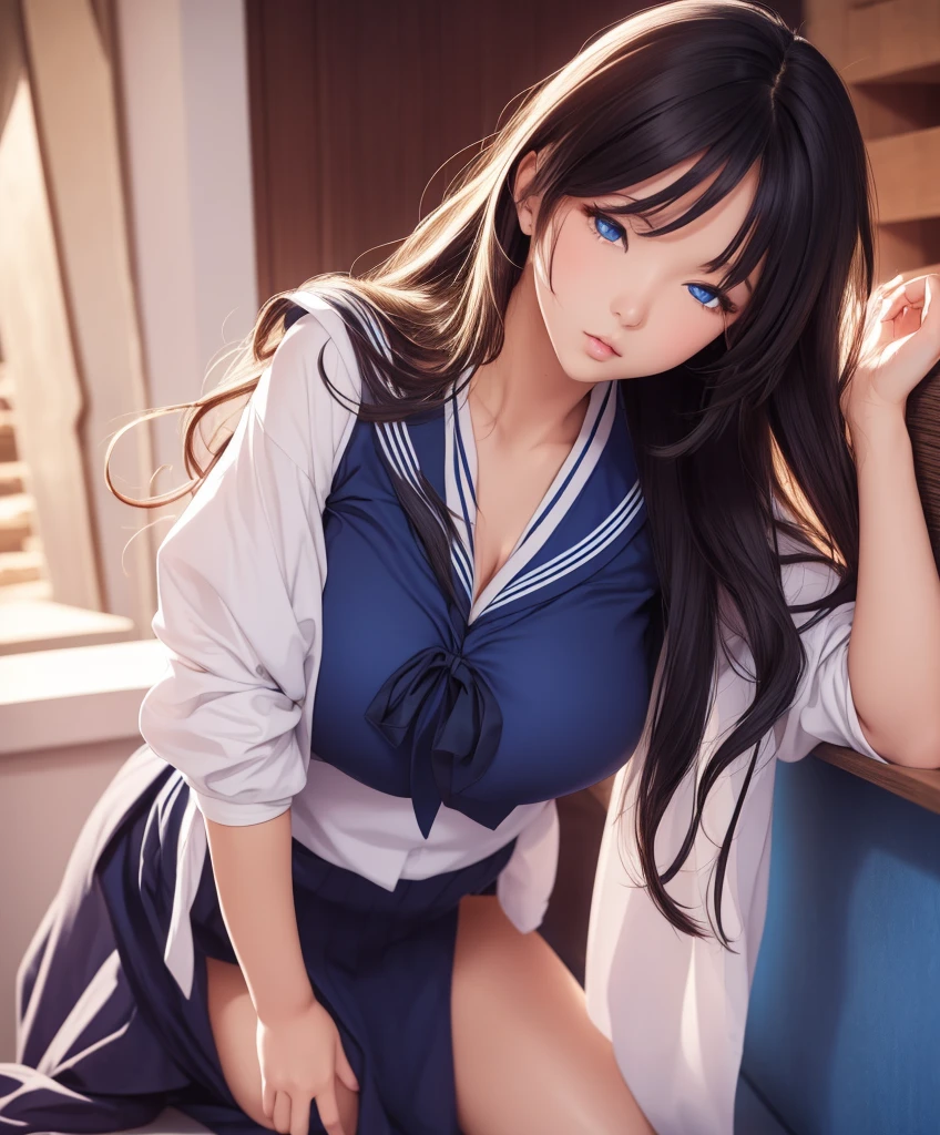 Real Human,full bodyesbian,brunette color hair,Asian face,a sailor suit,white stockings,huge tit,the detail,seductiv --auto