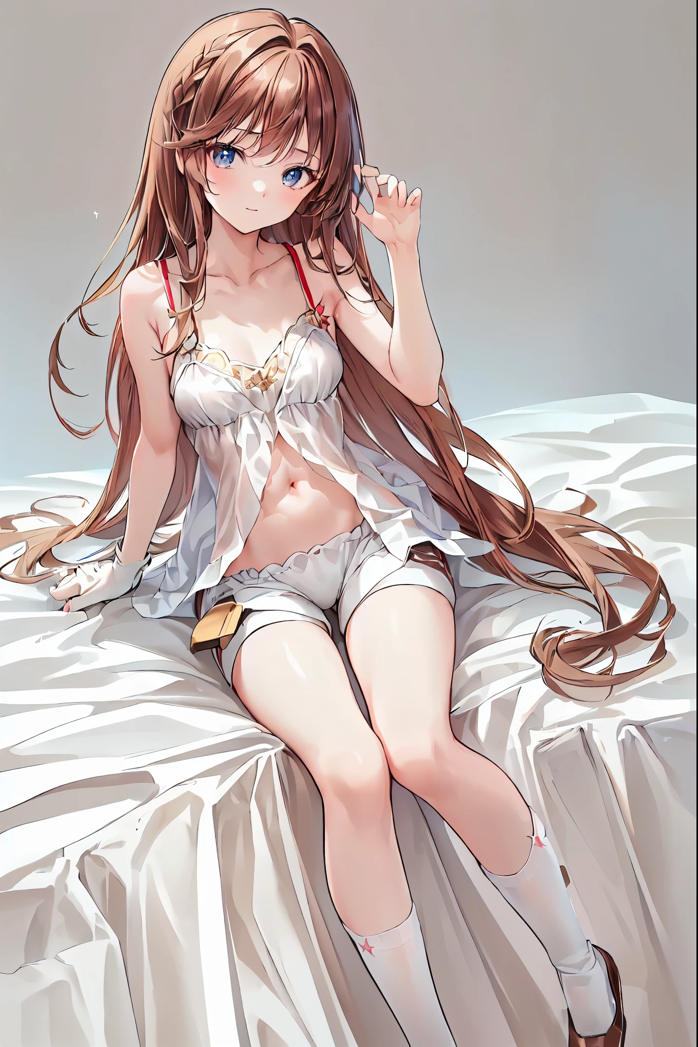     absurd,(masterpiece、  top quality、8k ),       Intricate Details   ,    Crimson Hair Extremely Detailed  、1 cute girl、((movie:1.4)),    Embarrassing    、(    flat chested、bulge:2.2( Brown Hair、(     white camisole ,    White Shorts   、    White Knee High Socks :1.3),    on the bed、  Surrender,   Perfect Anatomy，Brown Hair，    shortcuts ，    tousled hair，   short braided hair，Neat，   Slender and Beautiful，Correct posture，   small breasts，    beautiful legs，   Their Enchanting Grayish Blue Eyes Shone Like Stars  ，Droopy eyes，    bright color,       beautiful eyes   ,A delicate smile,textured skin,   top quality ,     A parody of a gentle and beautiful woman filmed from top to bottom with a sense of serenity ,    anime style   ､