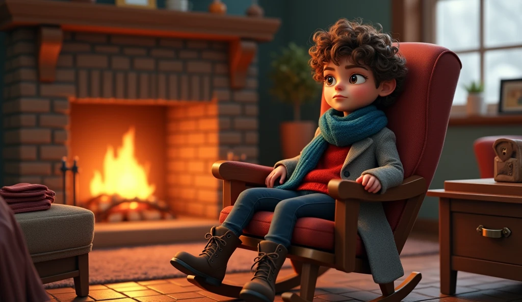 Simple drawing of a 7 year old curly haired orphan boy sitting on a swing outside a school during Christmas time