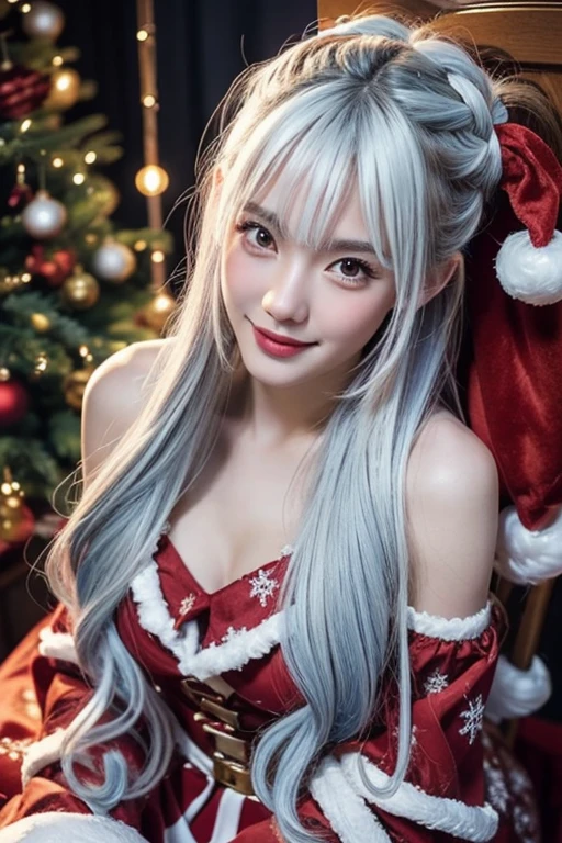 winter night, a girl dressed as Santa, pulling a Christmas sleigh,very tired expression, reindeer with a smile on the board, the sleigh is loaded with gift boxes too, wavy long length hair, plae blue and white hair, pompadour hairstyle, twisted bangs, beautiful white-colored translucent skin, glamorous figure, very sweaty, adult sexiness, alluring, glossy face, a comical scene, {realistic}, {cinematic}, {photogenic}