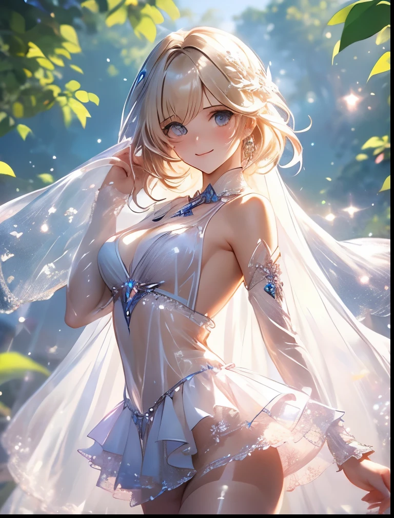 (((depict young pure girll))), (((top-quality, masterpiece))), ((lace lingerie)), ((swirling veil)) ((cute white lingerie with lot of details)), (((light blue ribbons on lingerie))), straight blond hair, deep blue eyes, (small breasts), nice hips, open shoulder, (Masterpiece, Excellent, complex details), delicate girl, delicate face, pure, light, happy smille