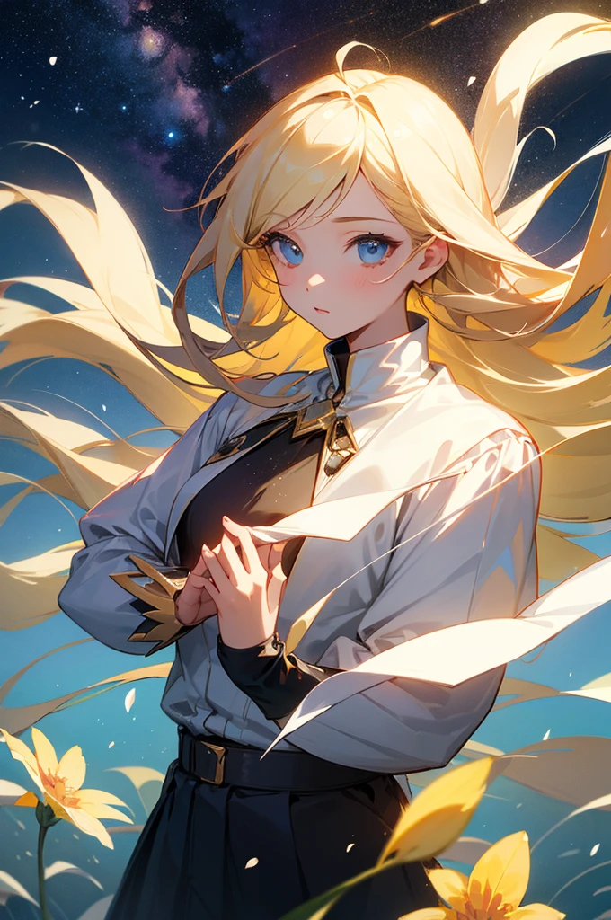 (best quality, masterpiece), 1girl, pose, particle, wind, flower, upper body, simple background, looking at viewer, blonde, galaxy,
