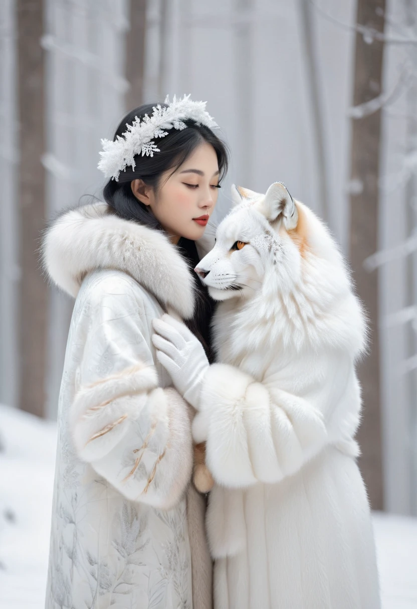 A woman and a slightly larger white fox are depicted in a scene of mutual affection against a snowy backdrop. The woman dressed in winter fur coat, shares serene expressions with the tiger, emphasizing their harmonious coexistence. The setting is a tranquil forest, with glistening snowflakes adding to the ethereal beauty of the scene. The interaction between the woman and the tiger is gentle, showcasing a delicate contrast between human and animal. The image is captured with a soft-focus effect and a muted color palette, enhancing the high fidelity of the photograph. The perspective is intimate, drawing the viewer into this moment of peaceful coexistence