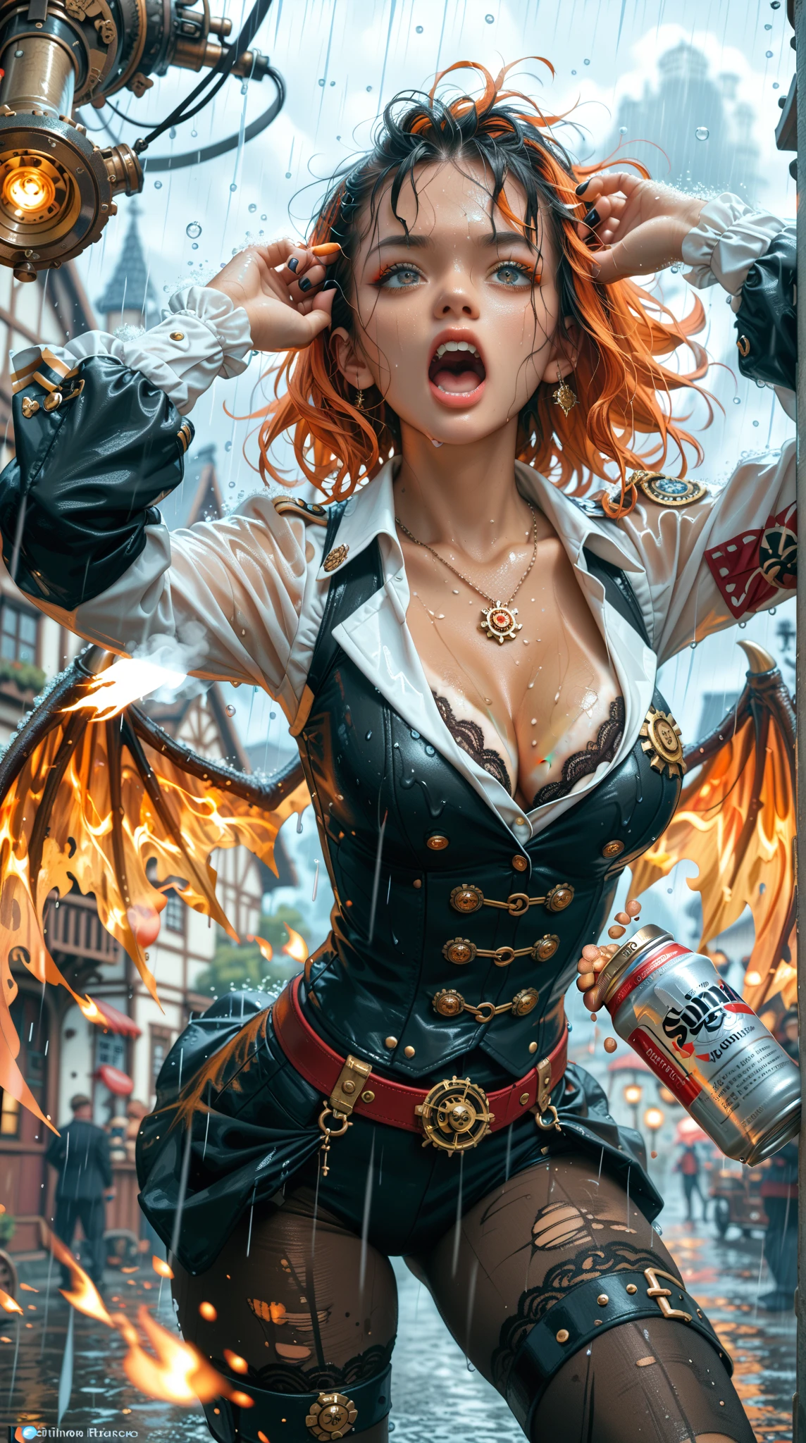  black nails ，（ can clearly see the tan lines），（sunburned skin ）、（ oily skin ）、（steam）， steampunk，girl，Racer，Colored Contact Lenses， screams ， medium chest ，cleavage， open neck hair ，Agent uniform ，lace tights ，Flame Wings， hands on forehead， fighting posture ，panoramic，rain，dream，Bubble method