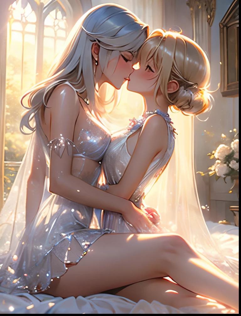 （（（ＳＦＷ、Precision、Highest quality、A first-class masterpiece、Normal body、8k、  Detailed Face 、Ultra-precision、 Normal hand、５refer to、Highest）））、２Beautiful girl of the person、Blonde、 Silver Hair、 Lesbian Couple Magical Girl、Shy, Neat, and Pretty Magical Girls 、 Healthy Girls with Shy, Blushing, and Their High-Legged Panties Are Pretty Racy, Sheer, Ultra Thin, Super Miniskirt, Nipples See-Through, Super Thin, Transparent, and Tattered Magical Girl Clothes、See-through transparent sexy costume 、happy embarrassed smile 、Tattered Outfit 、Push down on the bed and kiss