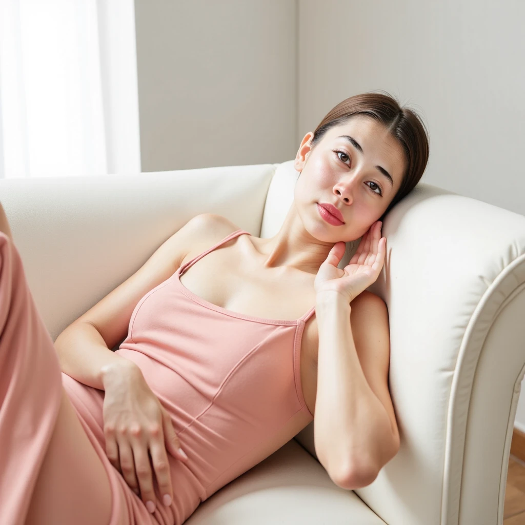 a woman lying on white sofa, barefoot, wearing a pink dress, (best quality,4k,8k,highres,masterpiece:1.2),ultra-detailed,(realistic,photorealistic,photo-realistic:1.37),extremely detailed eyes and face,beautiful detailed eyes,beautiful detailed lips,longeyelashes,elegant pose,natural lighting,warm color tones,soft focus,cinematic,high quality portrait