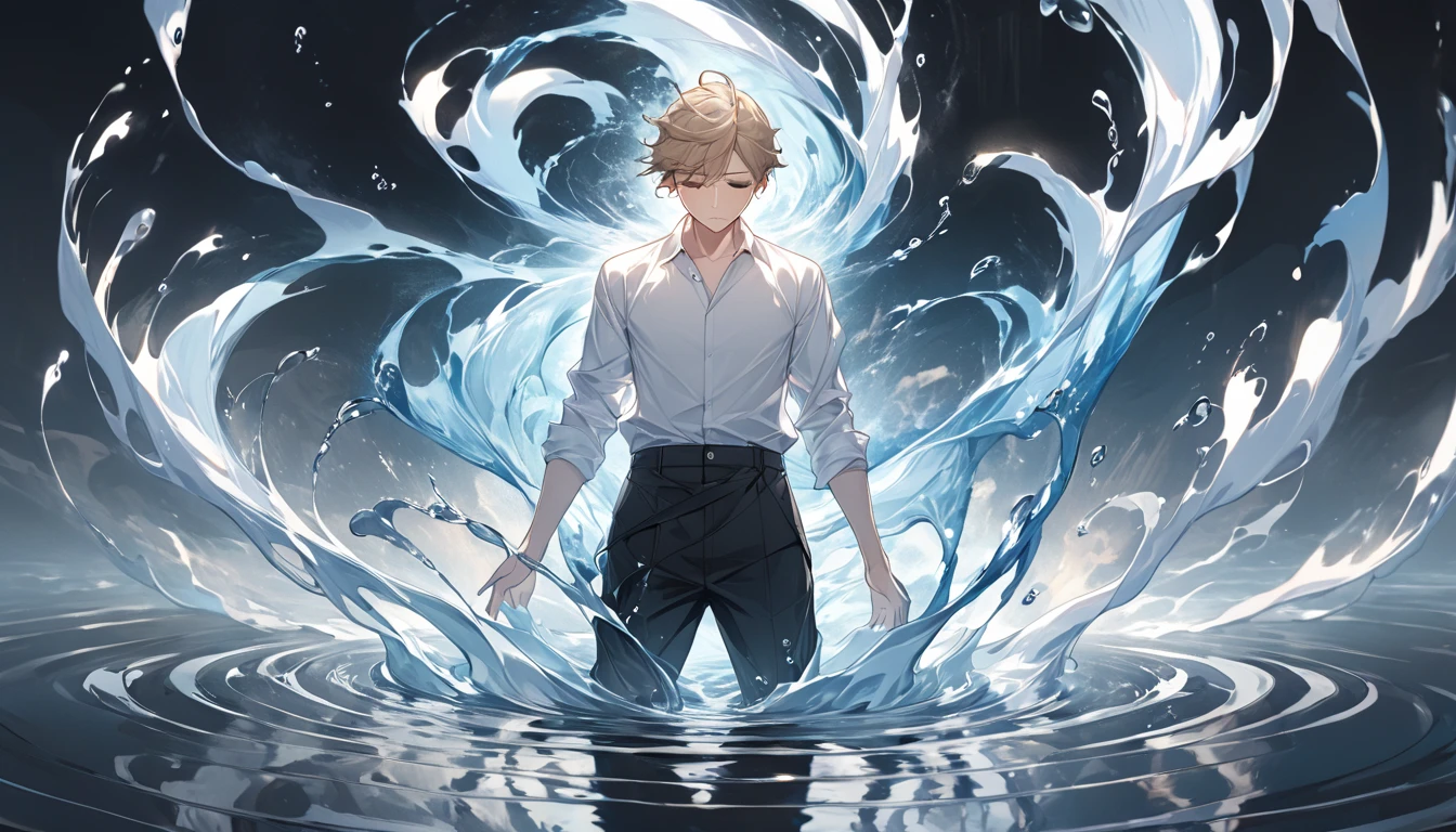 Man submerged in black water 。whole bodyが水の中。 eyes closed 。 sheds tears。 Light Brown Hair。 wearing a white business shirt。Black trousers。whole body。 the body and face are straight in front。 the color of the pants assimilates with water 。The ripples are only on the top 。