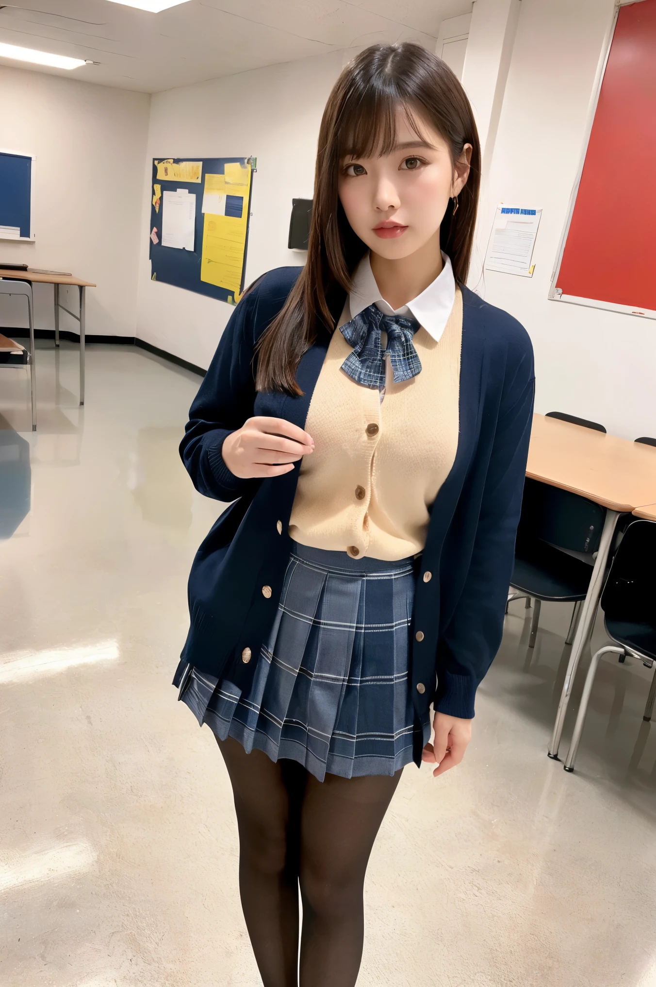 masterpiece, best quality, illustration, Super detailed, fine details, High resolution, 8K,wall paper, perfect dynamic composition,(Details High quality, realistic depiction of eyes:1.3), High School Classroom、High school girl uniform、Cardigan、Super Short Check Uniform Skirt、Navy blue high socks、garterbelts、Colossal tits、Disturbed uniform、, black hair color, Big Natural Color Lip, bold sexy pose, (perfect body shape), crying a little、Harajuku style、20 year old girl、cute type, beautiful legs, hposing Gravure Idol, Voluptuous thighs