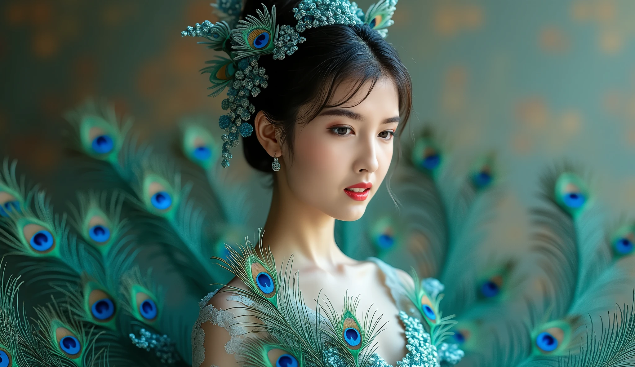 There is a most beautiful Chinese beauty wearing a peacock turtleneck unitard catsuit made of spandex。She has a beautiful peacock tail。She wears a peacock hijab-like dancewear hood with crest made of spandex every day)。