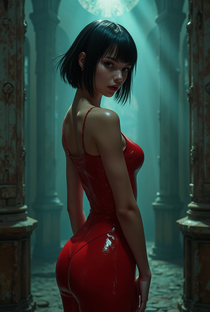 ((perfect anatomy:1.2,realistic:1.3,RAW Photography:1.3,masterpiece、highest quality、Ultra - High resolution、High resolution、Highly detailed CG、8K)),((best quality)), NSFW, small breasts, round breasts, prominent collarbones, skinny arms, flat stomach, visible hip bones, full body, short hair, green hair, image of Ada Wong, Realistic Shadows, Detailed skin, Very small breasts, round breasts, Very detailed, highly detailed face, Perfect face shape, Perfect lips, Perfect nose, Correct beautiful eyes, Watching Viewer, Best Quality, very revealing outfit, unzipped, very detailed apocalyptic backround, back view, show face,