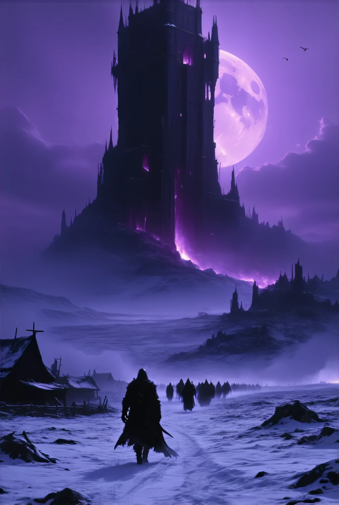 (8k, top quality, Masterpiece , Final Fantasy Style: 1.2),Atmospheric perspective, 8K, Very detailed, A huge dark tower dominated by jet black darkness descends on a desolate snowy field, a gigantic dark tower shrouded in a frightening purple mist and emitting a suspicious red light, a snowy field dominated by darkness, and destruction buried in snow. A devastated and ruined cityscape, a crimson moon floating in the dark night, silence, fear, deep darkness, unnaturally distorted images, Rear view of a group of Reapers forming a procession and walking toward the Dark Tower, a destroyed rural town, and countless bodies lying around.