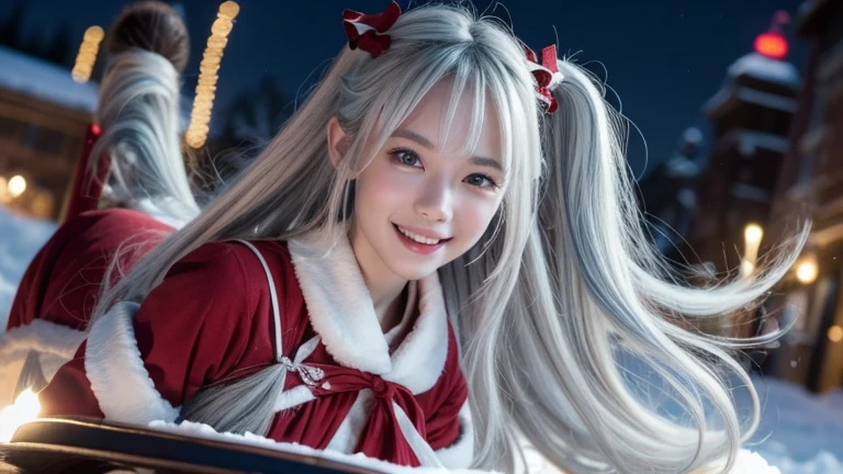 winter night, a girl dressed as Santa, pulling and running a Christmas sleigh,very tired expression, reindeer with a smile on the board, the sleigh is loaded with gift boxes too, wavy long length hair, plae blue and white hair, pompadour hairstyle, twisted bangs, beautiful white-colored translucent skin, glamorous figure, very sweaty, glossy face, a comical scene, {realistic}, {cinematic}, {photogenic}