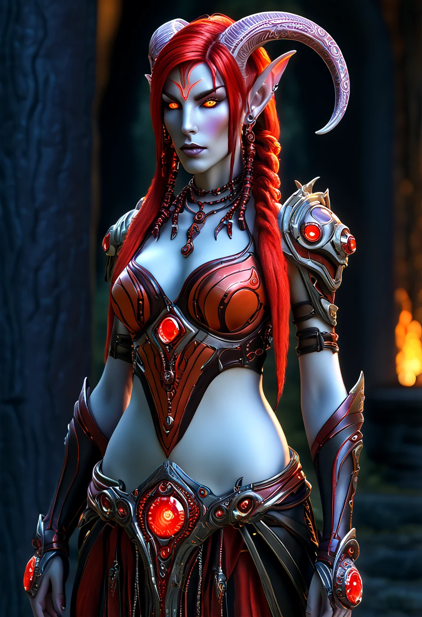 A portait image of a fel blood elf and draenei (man'ari eredar) halfbreed woman with intense bright fiery red skin, long pointy ears and massive heavy draenei horns, she looks like a blend of elf and draenei features, she has face tentacles, large round breasts, narrow waist, wide hips, she has a very long tail, she has and glowing red eyes, red fire hair in the form of a long braid with black highlights, jewelry over the body including on the tail and the horns, horn ornaments, glowing red draenei tattoos and red ornaments on the skin in a red cyborg machine body with cables and wires connected cogwheels and pipes of liquid, cybernetics, robotic parts of the body, visible bellybutton, she's on an alien planet,  intricate details, sunset hours, photorealistic,8k,best quality,masterpiece,score_9_up, score_8_up,score_7_up, 