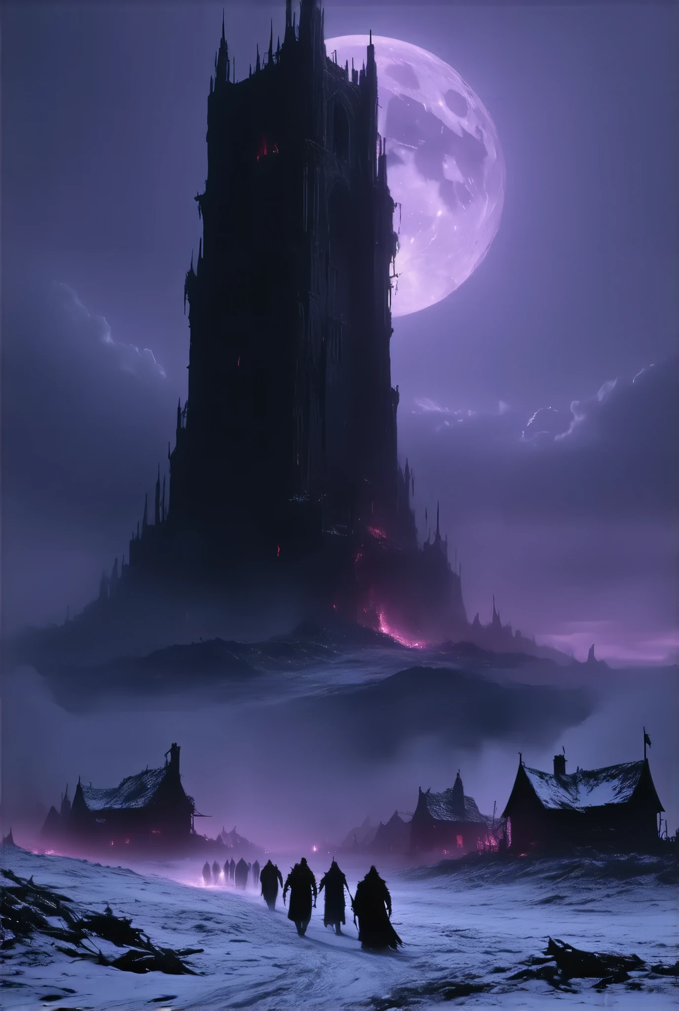 (8k, top quality, Masterpiece , Final Fantasy Style: 1.2),Atmospheric perspective, 8K, Very detailed, A huge dark tower dominated by jet black darkness descends on a desolate snowy field, a gigantic dark tower shrouded in a frightening purple mist and emitting a suspicious red light, a snowy field dominated by darkness, and destruction buried in snow. A devastated and ruined cityscape, a crimson moon floating in the dark night, silence, fear, deep darkness, unnaturally distorted images, Rear view of a group of Reapers forming a procession and walking toward the Dark Tower, a destroyed rural town, and countless bodies lying around.