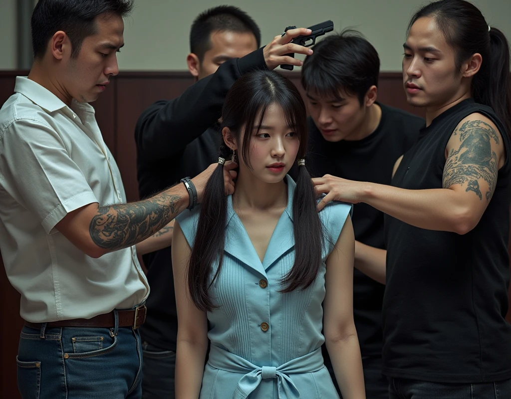 (NSFW), dynamic,
realistic, Press photo, Documentary Technique, Very clear image,HDR,
(full body visible:1.5), 

1girl, 3guy,

A Korean beauty idol is captured by a korean gang and surrounded by men who look like they're ruthless,
The girls are smaller than the guys, and didn't even reach the men's shoulders,
the girl is teen,
The girl's skin is translucently white,
the girl's hair is pur black twintails,
her name is Arin,

A man with a shaved head, a muscular man, a man wearing a thick necklace of bacteria,
a man has tattoo,
Men have horrible looks,
Men despise girls,
Men are criminals,
Men are crazy,
Men are sadists,
The men threatened the girl with knives and guns,

Rough men,
the men are treating the girl roughly,
The girl's costume is a light blue mini dress,
The girl's dress is sleeveless,
the girl's dress is torn litle,
the girl is terribly frightened,
The girl's eyes are wide with fear,
The girl is frightened, cowering,
the girl trembling looking up at the men,
The girl is treated like a slave,
The girl was subjected to violence,
the men assaulted her,
The girl was hurt by the men,
Girls are men's toys,
Men gang-rape girls,
The girl was so scared that she peed herself,

gang office,