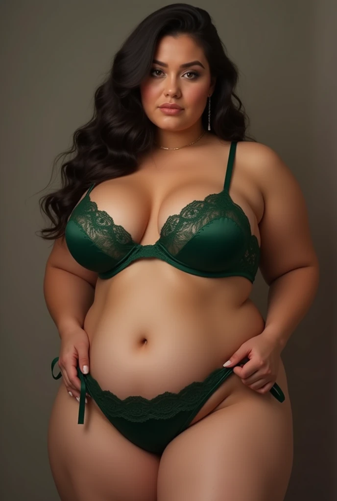Green lingerie, curvy body, cleavage