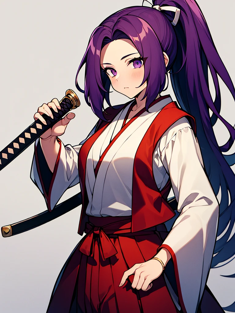 this is a picture of a girl dressed in a long gown with a sword, clean line drawings, ultra cute girl, ultra cute face, ultra detailed eyes, ultra detailed hair, ultra cute, ultra beautiful, ((high end)), (UHD picture), (best quality,4k,8k,highres,masterpiece:1.2), top-quality(​masterpiece), top-quality, ultra-detailed, highly detailed texture, intricate details, high quality textures, masterpiece, best quality, perfect quality, perfect anatomy, perfect body, perfect symmetrical face, perfect hands, perfect feet, (two arms:1.2), (two legs:1.2), (five fingers each:1.2), (perfect joint:1.2), perfect joint movement, precise fingers and hands, 1 beautiful girl, 1 girl, alone, solo, , , ((())), ((ish)), (Best Quality, hight resolution), extremely detailed and lifelike, Vibrant colors, simple background, very long hair, forehead visible bangs, hair flaps, purple hair, ponytail, well-formed face, purple eyes, japanese clothes, samurai, open vest, red vest, white kimono, long sleeves, wide sleeves, haori, long hakama, wide hemmed hakama, hakama pants, long trousers, sword, katana, holding katana, weapon