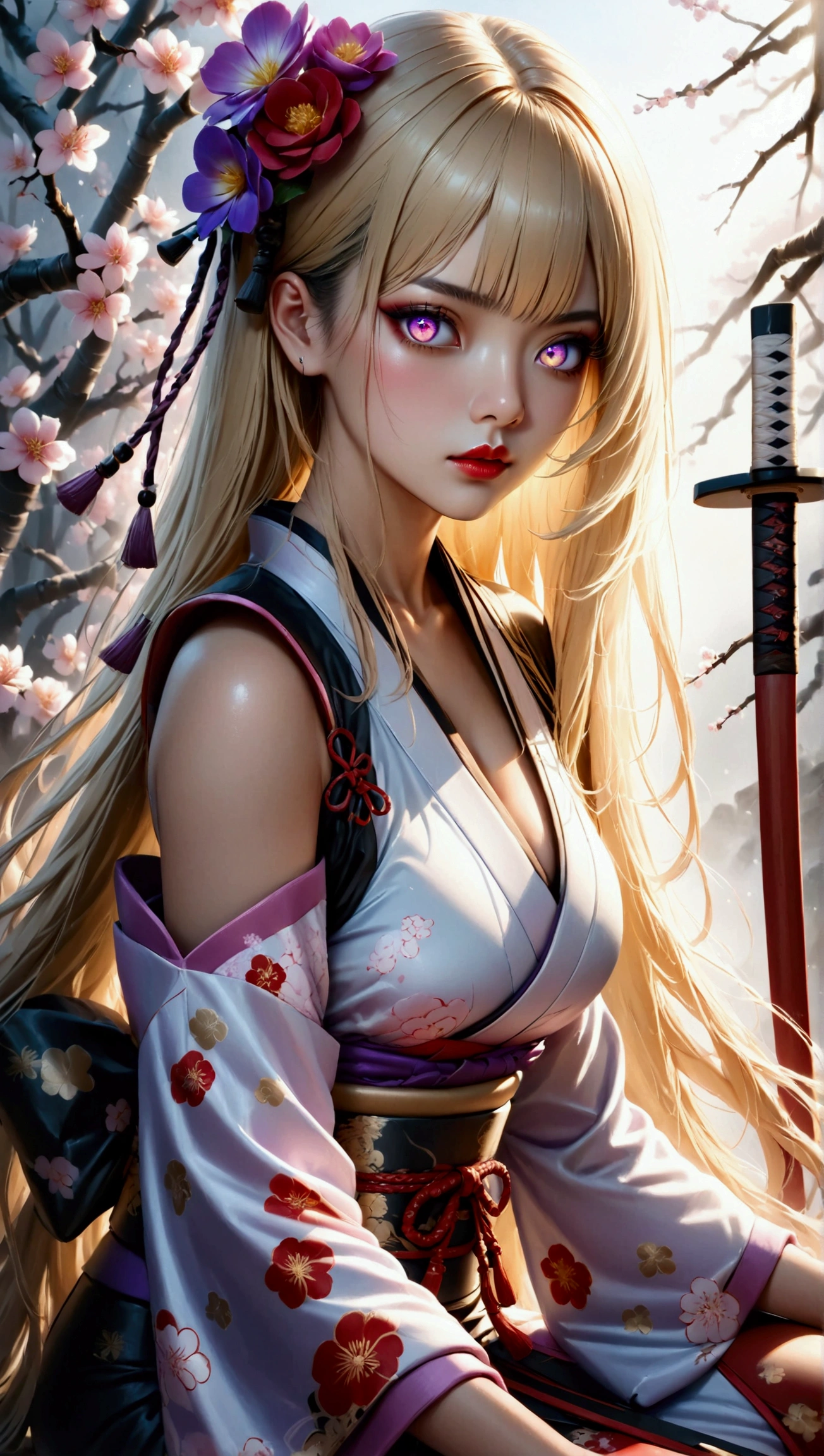 Very detailed CG Unity 8K wallpaper, Cute One lady, Mature Hair、lady ,beautiful lady, pale skin (Super masterpiece, Beautiful person, well detailed face polluted smile, Photorealistic, hyper realisitic),
(Japan Samurai full Armor:1.5)、(samurai:1.5)、(Katana in hand:1.8)、(Pulled out sword:1.4)
Japanese 城 background、Portrait、Daytime、(The bright light from the front of her:1.7)、
(middle breast :1.40)、(Glowing Skin:1.3)、
Detailed eyes、Big eyes、Open your mouth a little、Hide your arms、Laugh cutely、Very cute face、
Blonde、Long Hair、(Light blue glowing eyes:1.4)、Pink Lips、
((Off the shoulder、Shoulder Bare))、(Bare your chest:1.0)