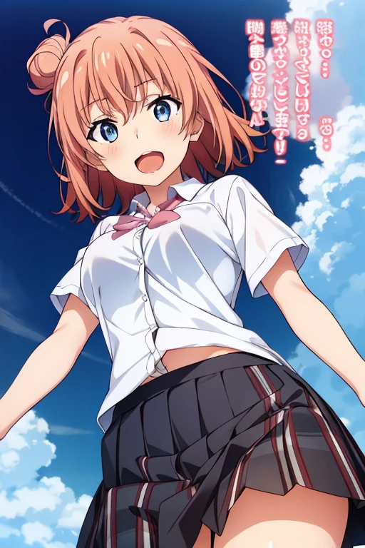 (2 girls) ,(old high quality) ,Yukinoshita Yukino , Yuigahama Yui , playground,strong wind,,crowd , embarrassed face,Low - Angle,school uniform,(check skirt),(The wind flips up my check skirt),(hold check skirt with hand),thighs,(white panties),(pink panties),