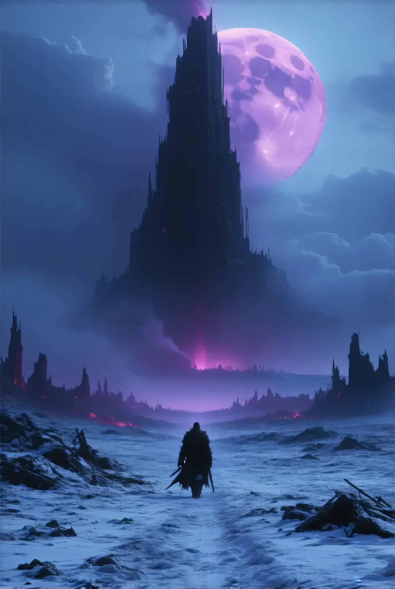 (8k, top quality, Masterpiece , Final Fantasy Style: 1.2),Atmospheric perspective, 8K, Very detailed, A huge dark tower dominated by jet black darkness descends on a desolate snowy field, a gigantic dark tower shrouded in a frightening purple mist and emitting a suspicious red light, a snowy field dominated by darkness, and destruction buried in snow. A devastated and ruined cityscape, a crimson moon floating in the dark night, silence, fear, deep darkness, unnaturally distorted images, Rear view of a group of Reapers forming a procession and walking toward the Dark Tower, a destroyed rural town, and countless bodies lying around.