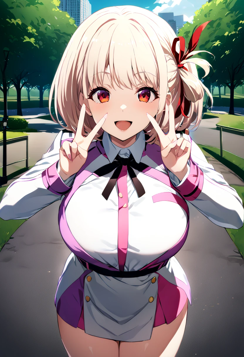 masterpiece,  top quality,  1 girl ,  game cg nishikigi chisato ,  bob cut,  hair ribbon,  licorice uniform,    neck ribbon,   Big Breasts, Park, null, cityscape, ,  standing with different breasts , V,  open mouth,  happy , smile