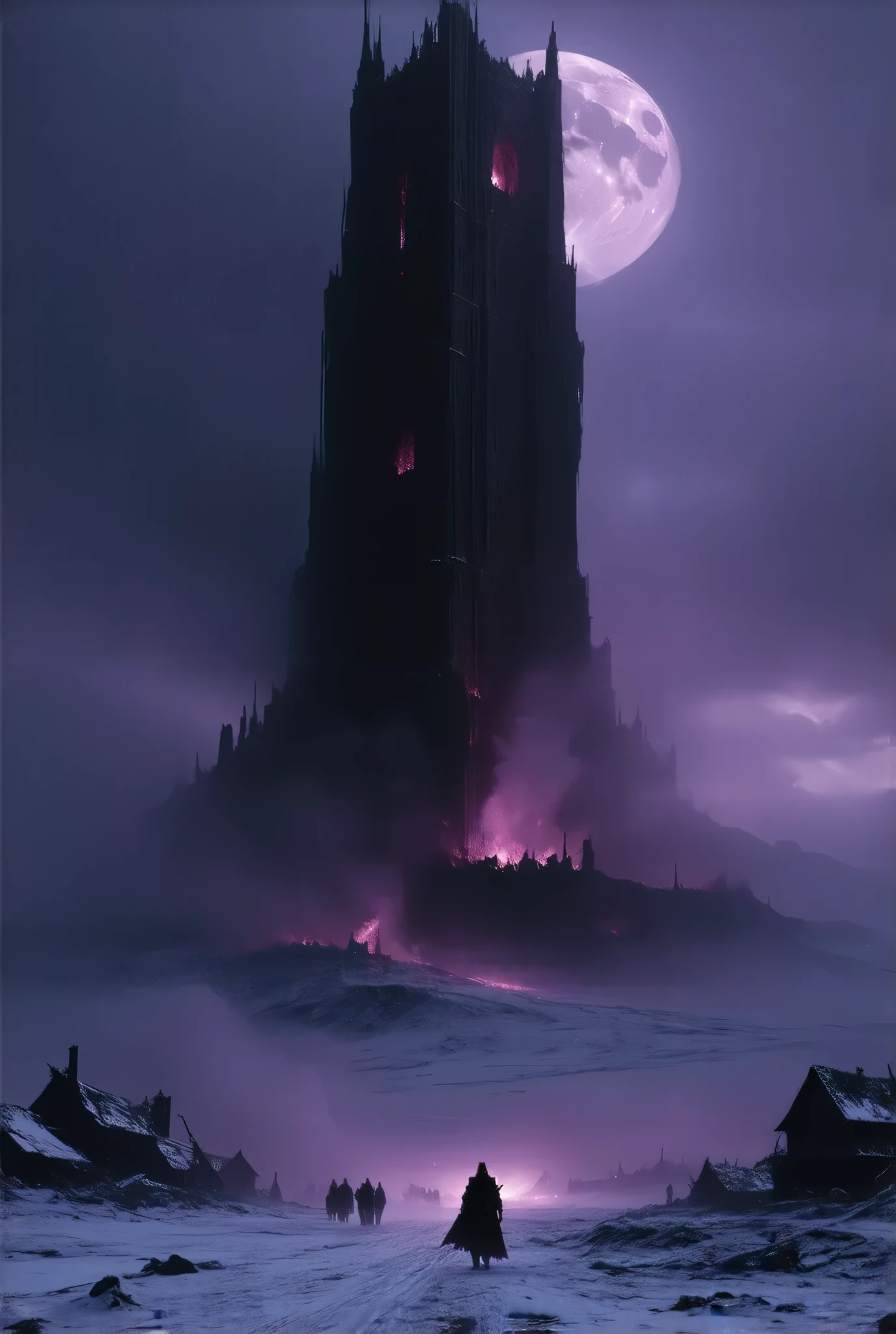 (8k, top quality, Masterpiece , Final Fantasy Style: 1.2),Atmospheric perspective, 8K, Very detailed, A huge dark tower dominated by jet black darkness descends on a desolate snowy field, a gigantic dark tower shrouded in a frightening purple mist and emitting a suspicious red light, a snowy field dominated by darkness, and destruction buried in snow. A devastated and ruined cityscape, a crimson moon floating in the dark night, silence, fear, deep darkness, unnaturally distorted images, Rear view of a group of Reapers forming a procession and walking toward the Dark Tower, a destroyed rural town, and countless bodies lying around.