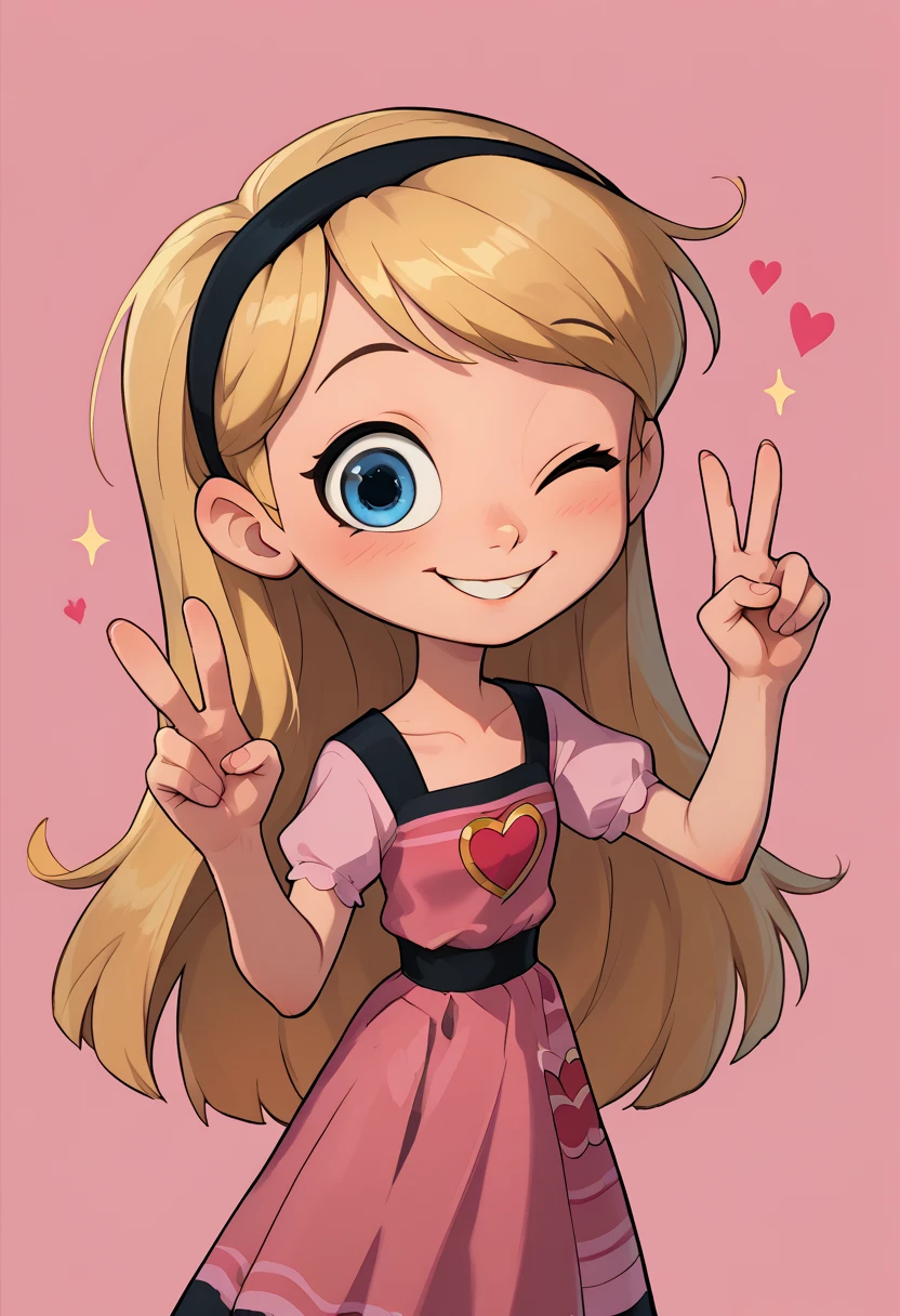 (((Masterpiece))), 1girl, one eye closed, peace sign, cute smile, cute art, cute, kawaii, left eye closed looking at viewer, high quality, blonde hair, blue eyes, long hair, hairband, pink dress, white long tube socks, happy, pink background, penny peterson