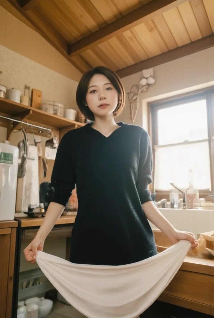  1 girl , solo,  high definition ,  anatomically correct,  top quality, throw, Her skirt while cooking in the kitchen、Image seen from below、40-year-old beautiful wife、 Japanese、throw, throw, throw, throw, 