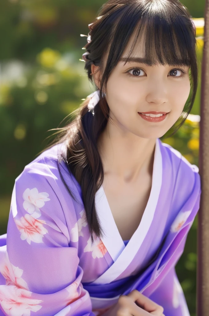 1girl, hyuga hinata in anime naruto, long hair, black hair, red eyes, smile, beautiful, sexy clothes, purple clothes, big breast, realistic clothes, detail clothes, fast-flowing rocky river, yellow bamboo trees, green bushes, ultra detail, realistic