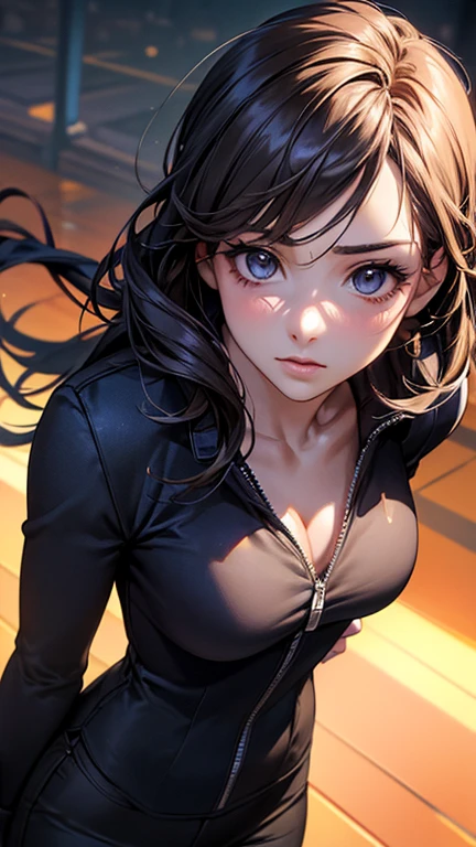 1 female, solo, upper body picture, brown long hair, wearing an eye-patch, wearing open jacket, very detailed, masterpiece, front lighting, EnvyBetterHands LoCon, confused face, looking at viewer, round chest,