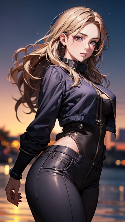 Brown Hair, 1girl, 独奏, Fur trim, mature female, gloves, fur-trimmed coat, lipstick, blush,  Fur trim, mature female, gloves, fur-trimmed coat, outdoors, rooftop, cityscape, building, railing, night, night sky, scenery, city lights, lipstick, masterpiece, best quality, highly detailed, a girls with a gun, open mouth, blazer, sexy gaze, (nsfw) not safe for work, badass pose , evil smile, smile, black bra, anime girl with long hair, long haired girl, navel, evil expression, exposed belly, exposed navel, exposed midriff, exposed lower belly, micro miniskirt, micro pencil skirt, pencil skirt ,holding a gun