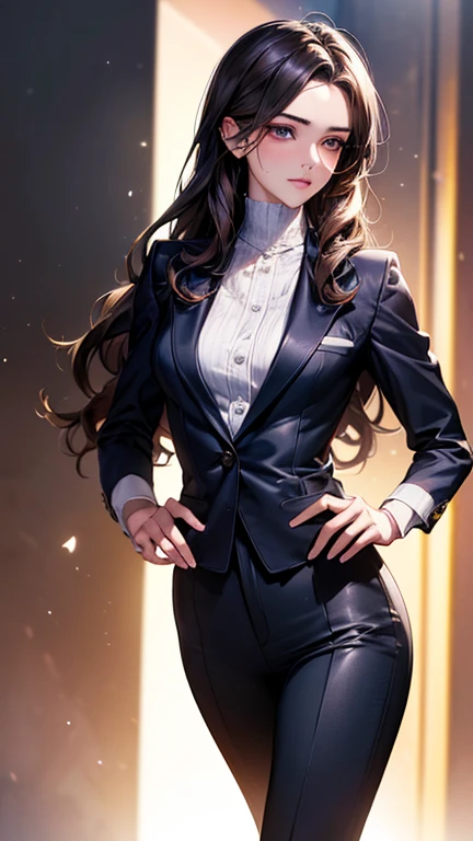 (best quality:1.5, highres, UHD, 4K, detailed lighting, shaders), black floral haired, gradient hair, large breasts, suit, red shirt, social shirt, short skirt, mature woman , (pov), black background, colorful eyeshadow, dramatic lighting, sparkling eyes, sensual expression, golden earrings, flowing hair, delicate facial features, dark skin, high cheekbones, urban setting, full body, black background, dont look for the camera, lean forward, behind the camera