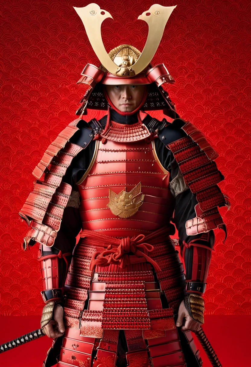 one white man, blonde hair, whole body head to feet, looking at viewer, stands upright, hands down, wearing traditional Japanese Samurai Armor and helmet,all color red,Armor is made of Silk threds,Armor color all red,no metal,shiny armor, red background,8K, realism