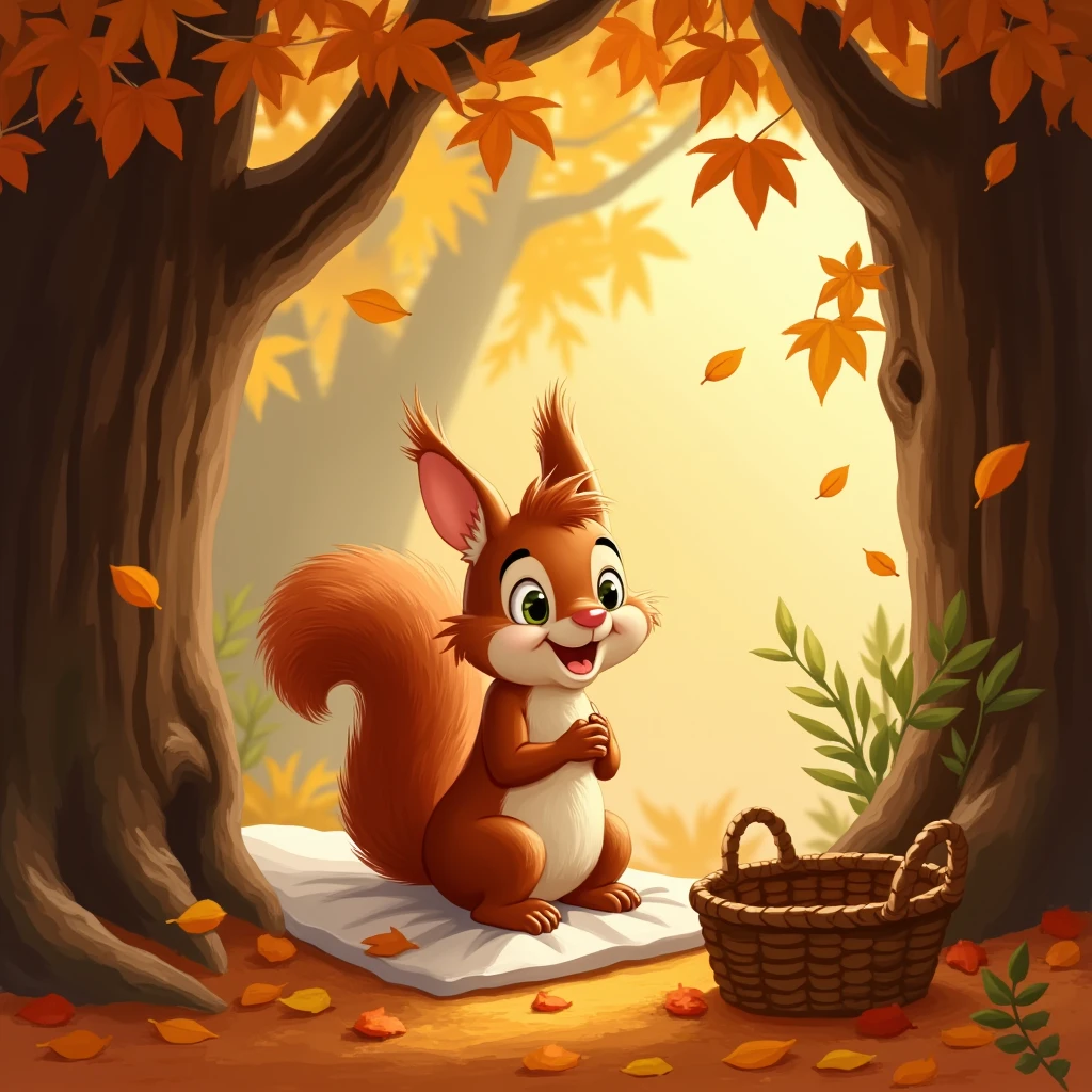 Sammy the Squirrel waking up in his cozy treehouse bed, looking surprised. His room is filled with autumn leaves and a small, empty basket. Alone, solo,