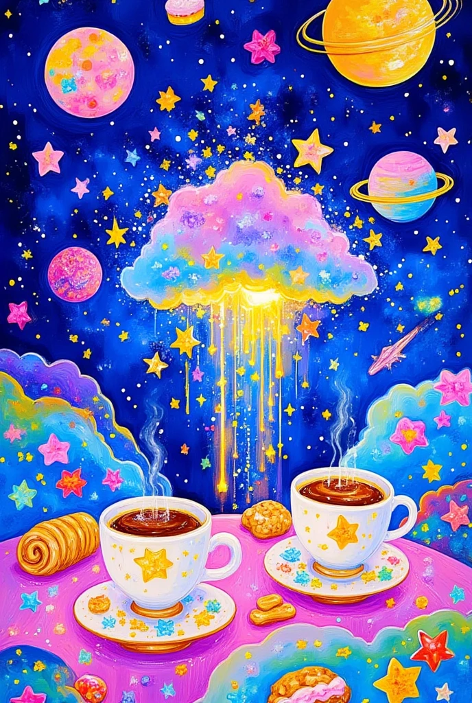  Starr teacups with cookies and cookies on the table, Coffee and star background,  cosmic color 缤纷, galaxy, The Holy Grail of Understanding, In the Universe,  cosmic color , floating In the Universe nebula,  swirl water universe , mysterious scene, galaxy inside, Space Color, galaxy colored,  Milky Way , Floating in a cosmic nebula ,  Milky Way  dmt entity