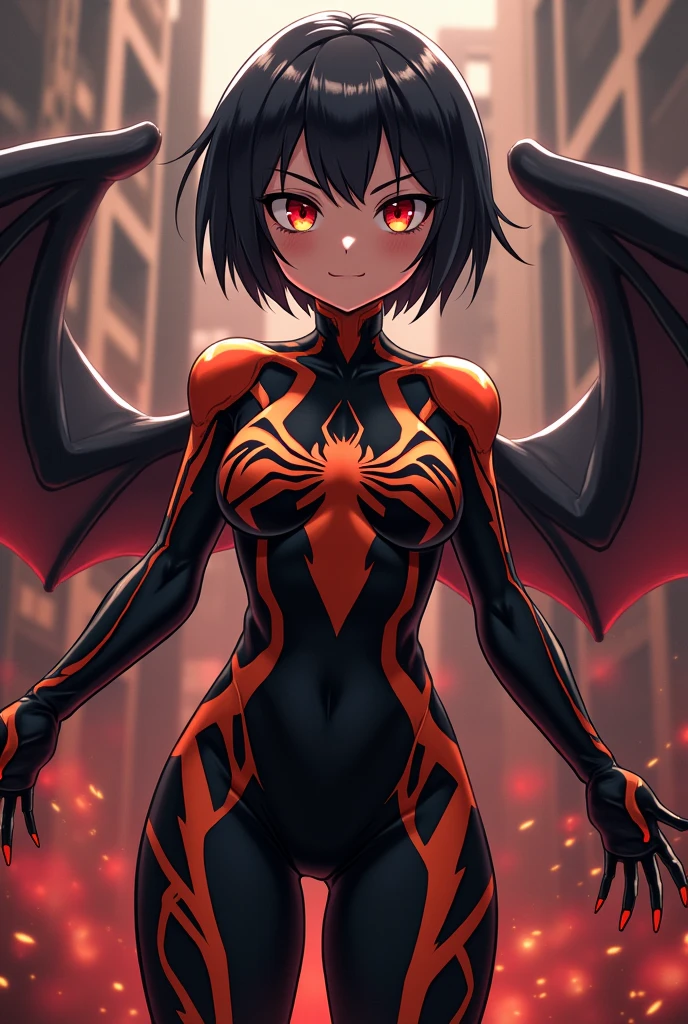 sketch of a female game character, tight clothing, black red and orange tones, butterfly wings connecting the back to the wrists like the anatomy of bat wings, heroine pose, bluish forest in the background, assets, character assets.