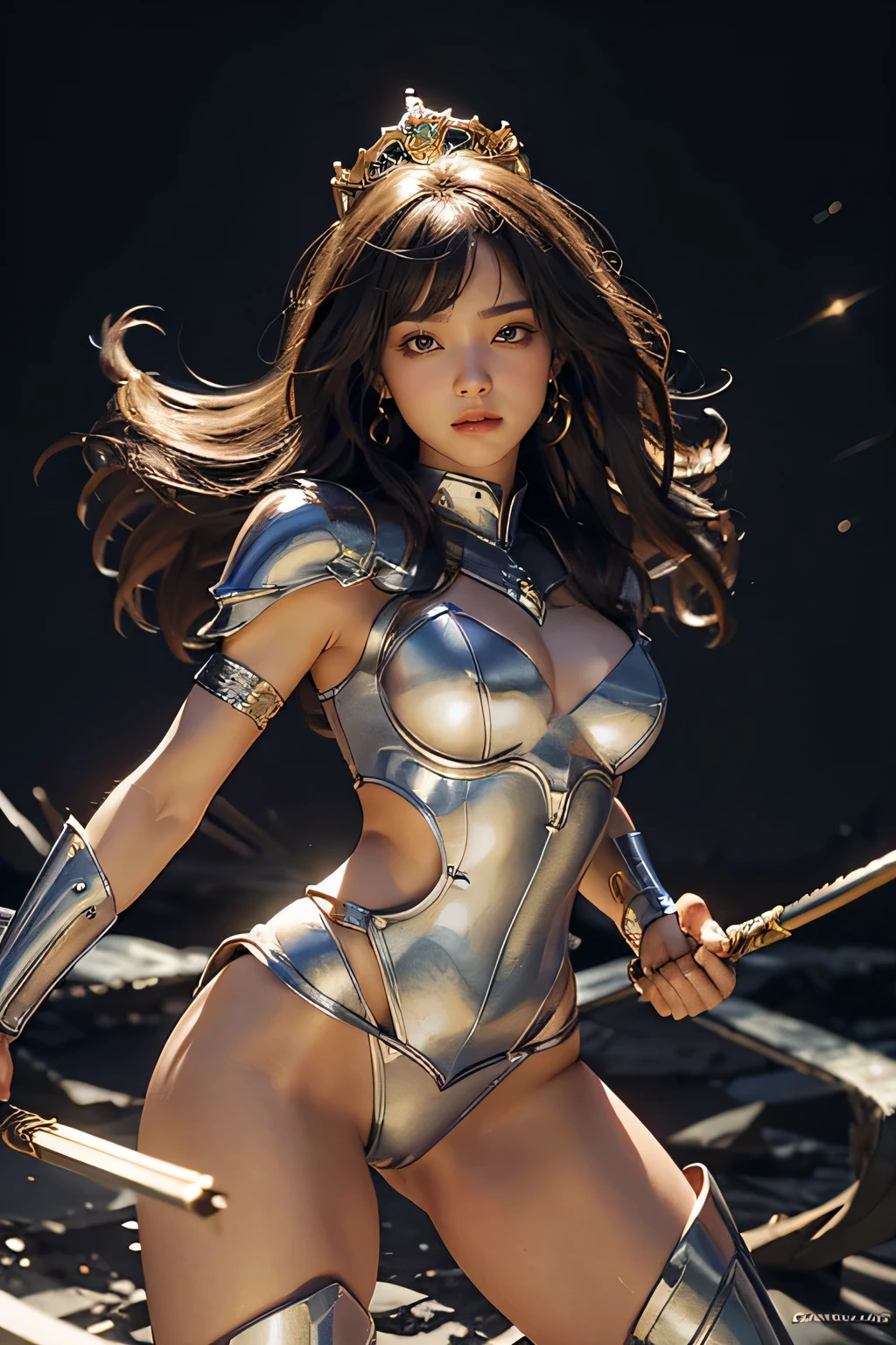 fully body photo，（best qualtiy）， （1girll）， starryskybackground, crown, Wearing shiny gold armor， Sexy lingerie type armor，Expose your chest，Expose the waistline，Exposing thighs，(((martial art))), cool-pose， Saint Seiya Armor， messy hair，high detal, Cinematic lighting, Sparkle, god light, Ray traching, filmgrain, hyper HD, textureskin, super detailing, Anatomical correct, A high resolution，Ultra-high saturation，hight contrast，High-gloss armor，，Serious expressions