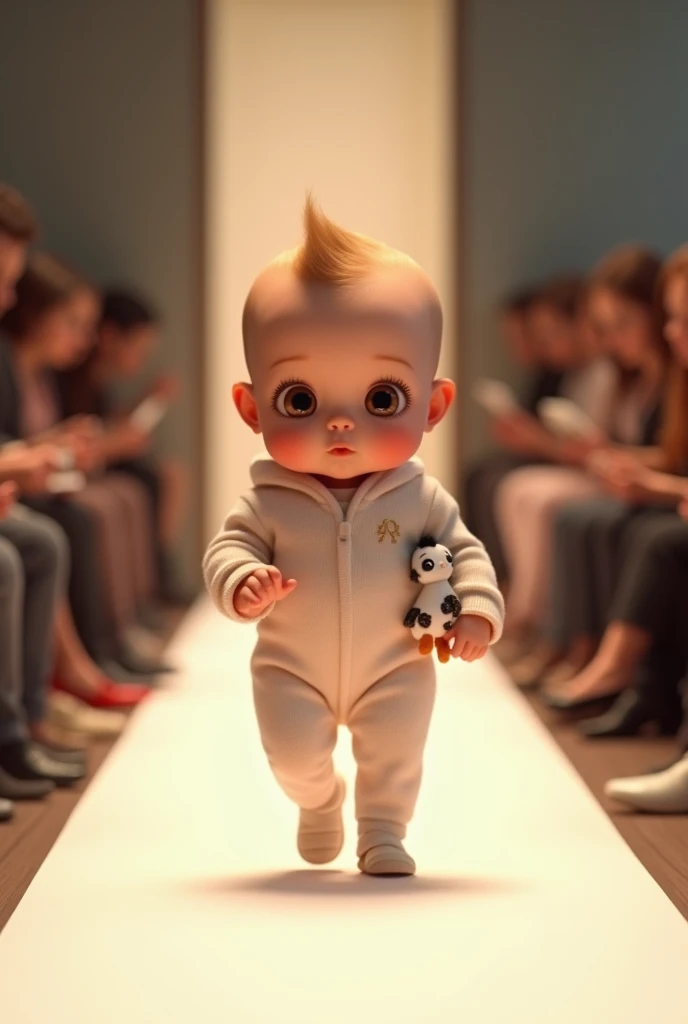 Newborn baby with a very large head, dressed in a Rolex suit and hat, at a realistic full-length fashion show