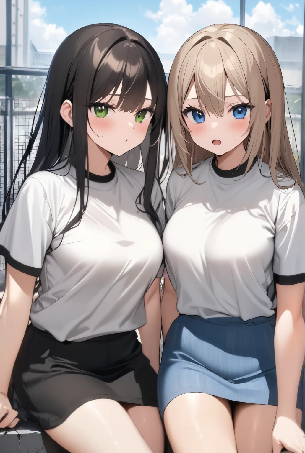 (Cute eyes:1.2), (Sparkling eyes:1.2),(Beautiful Eyes:1.2), Highest quality,wonderful,finely,Highly detailed CG Unity 8k wallpaper, (The three of them hugged each other:1.3),(Caress your:1.5),(Three people of different heights:1.5), (Three Girls, Tennis Player, Skinny body, Dressed), (Huge breasts), (Open your mouth:1.1),(Black knee socks:1.3),(Thighs:1.3),(Waistline:1.2),(Matching tennis uniforms:1.4),(From behind:1.2),(Beautiful Eyes:1.2),(Different hairstyles),(Senior and Junior:1.3),(All three have different eye colors:1.5),(All three have different skin colors.:1.5),(Thighsまで隠れるニーソックス:1.2),Upper Body,(locker room:1.3),(Love Juice:1.3),(Tennis Wear:1.3)