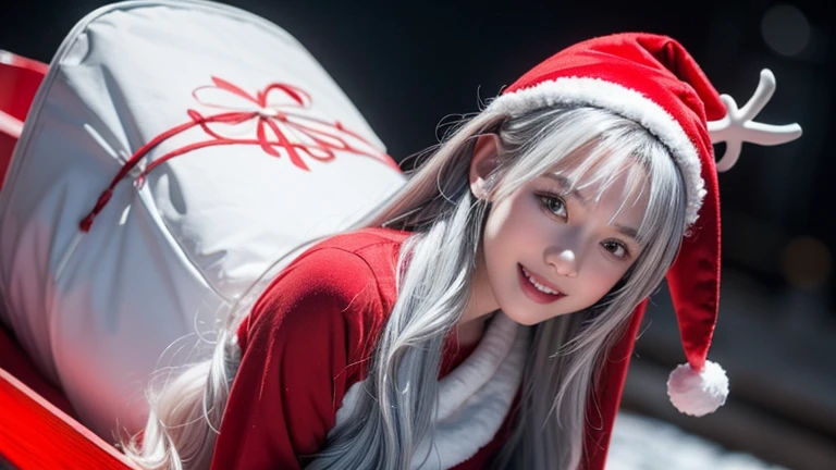 winter night, a girl dressed as Santa, pulling and jumping a Christmas sleigh,very tired, surprised and confused expressions, reindeer with a smile on the board, the sleigh is loaded with gift boxes too, wavy long length hair, plae blue and white hair, pompadour hairstyle, twisted bangs, beautiful white-colored translucent skin, glamorous figure, very sweaty, glossy face, a comical scene, {realistic}, {cinematic}, {photogenic}