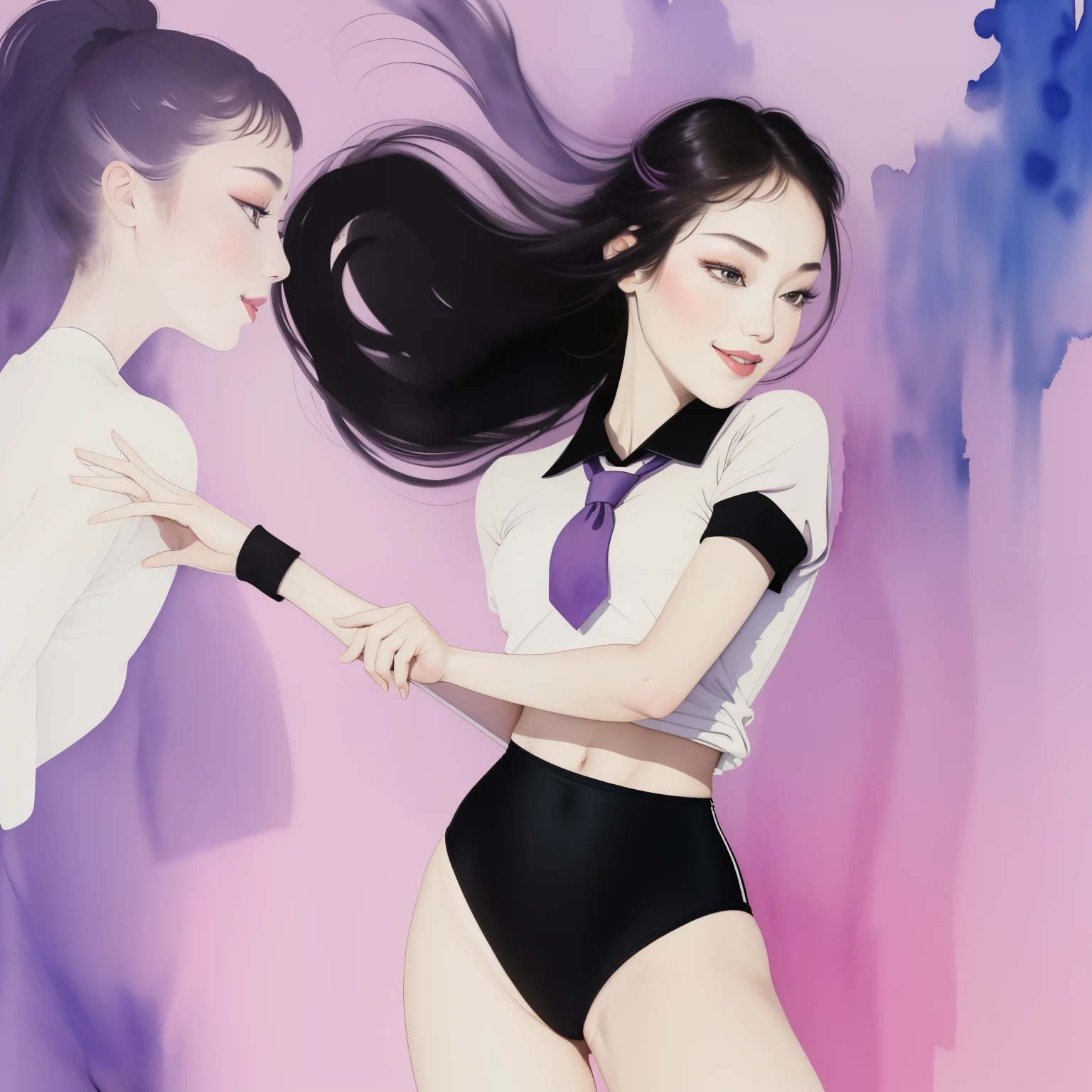 (masterpeace, high quality), 1girl, ite, flat chest, wearing a Black gymnastics bloomers, High leg、white blouse, cowboy shot、 school tie, (black high leg bloomers, ), long hair, standing,smile, fun, town, summer, vibrant colors, best shadows, volumetric lighting, watercolor